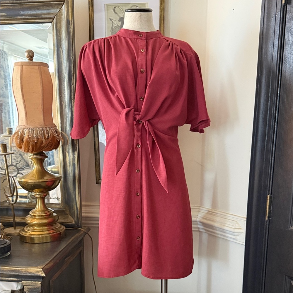 Glam Los Angeles Raspberry Button-Front Tie-Waist Mini Dress